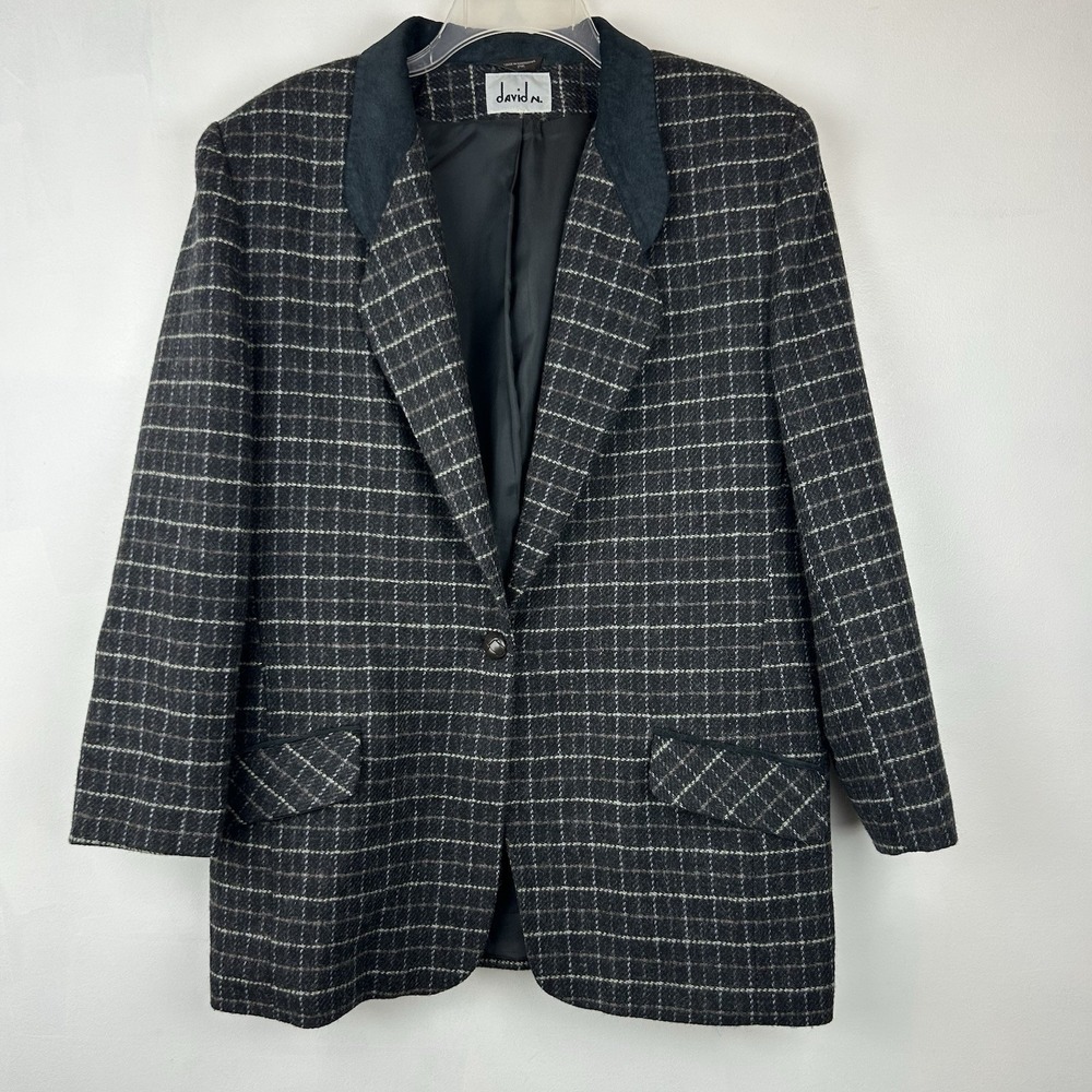 Vintage Plaid Wool Jacket Blazer Womens L Suede Collar Academia Old Money Lux